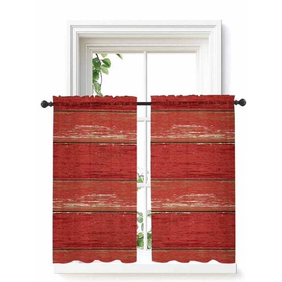 Red Wood Grain Curtains 54 Inch Length, Sheer Curtains for Bedroom Living Room Window Farmhouse Vintage Wooden Rustic Planks Rod Pocket Drapes Kitchen Curtains Small Half Window 42"x54" 2 Panels