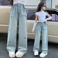 thumbnail image 3 of WMQPNNS Girls Denim Pants Wide Leg Jeans with Pockets, Girls Wide Leg Pants Size 14 Elastic Waist Cute Heart Print Baggy Denim Pants Girls Clothing(Size 7-8 Years, Sky Blue-3), 3 of 10