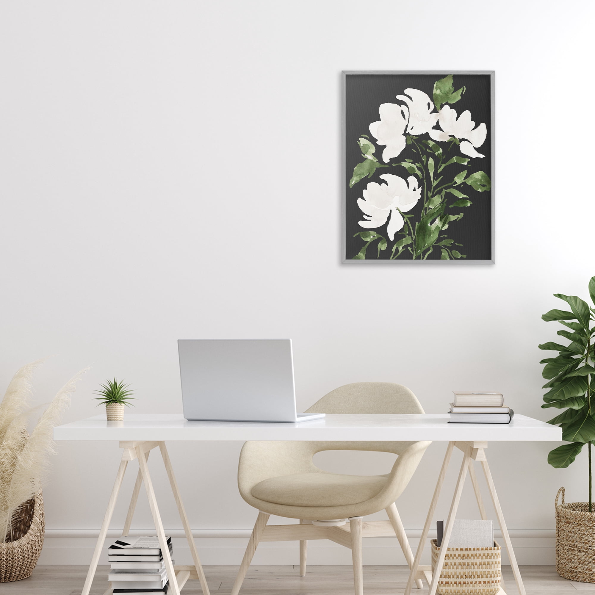 Stupell Industries White Over Black Floral Gray Framed Giclee Art, design by Lucille Price