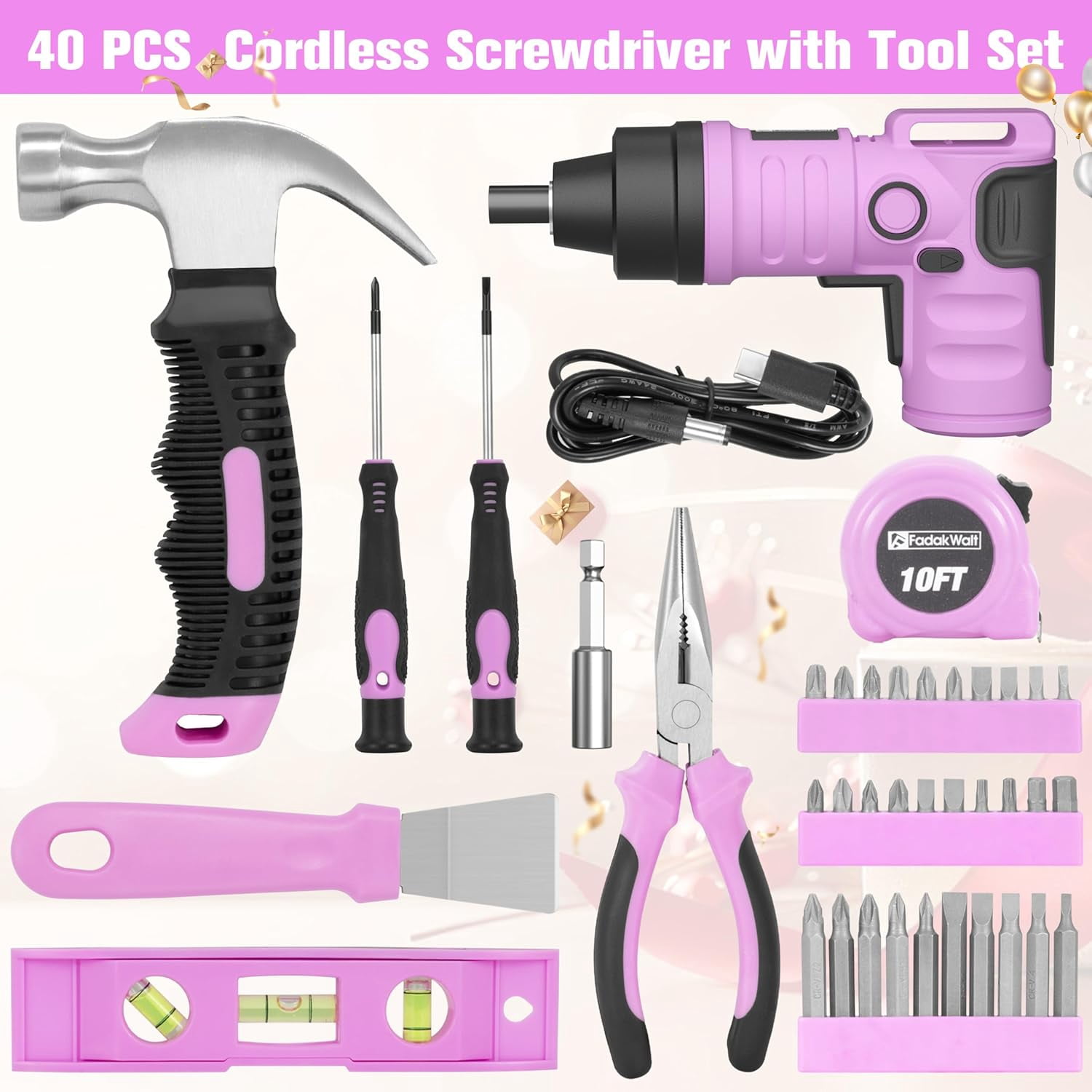 40pcs Pink Cordless Electric Drill, 3.6V Cordless Power Screwdriver Kit for Home DIY, Repairs, and Assemblies