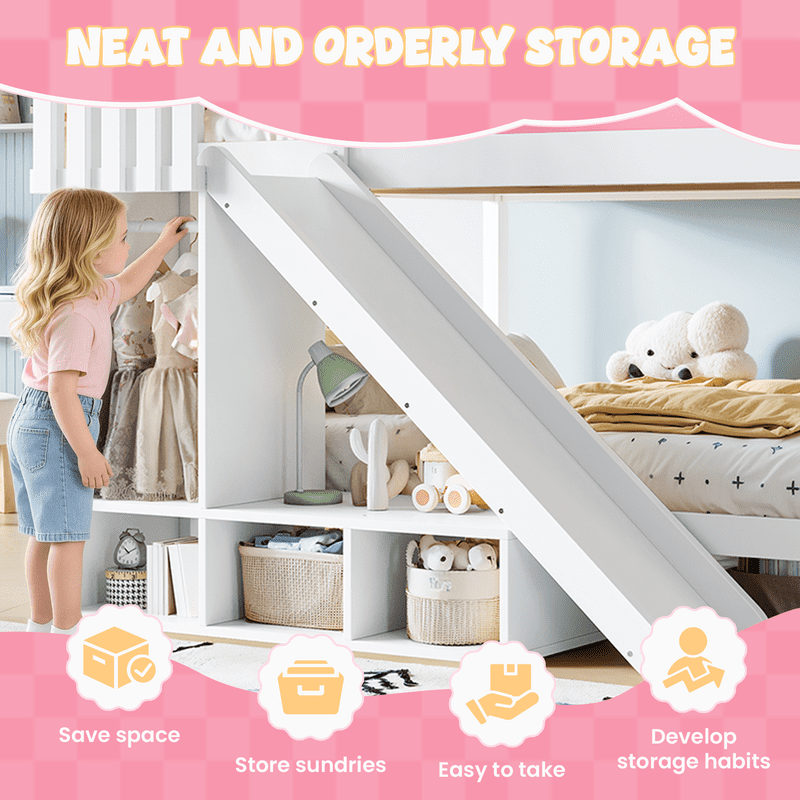 Full Over Full Bunk Bed with Slide and Ladder, Solid Wood Kids Bunk Bed with Storage Shelves and Hanging Rod, Low Profile Design, Full-Length Guardrails
