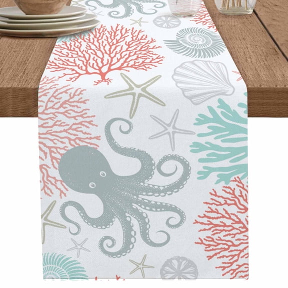 nqOlkjepod Teal Red Octopus Coastal Table Runner 108 Inches Long Farmhouse Dress Scarves, Nautical Coral Starfish Dining Tablerunner for Coffee Table/Kitchen Island/Party Décor, 13" x 108"