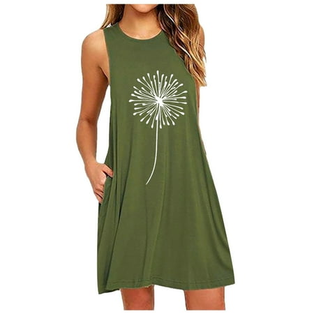 

YUEHAO Fashion Womens Pocket Dandelions Printing Sleeveless Casual Nightdress Dresses Green XXXL
