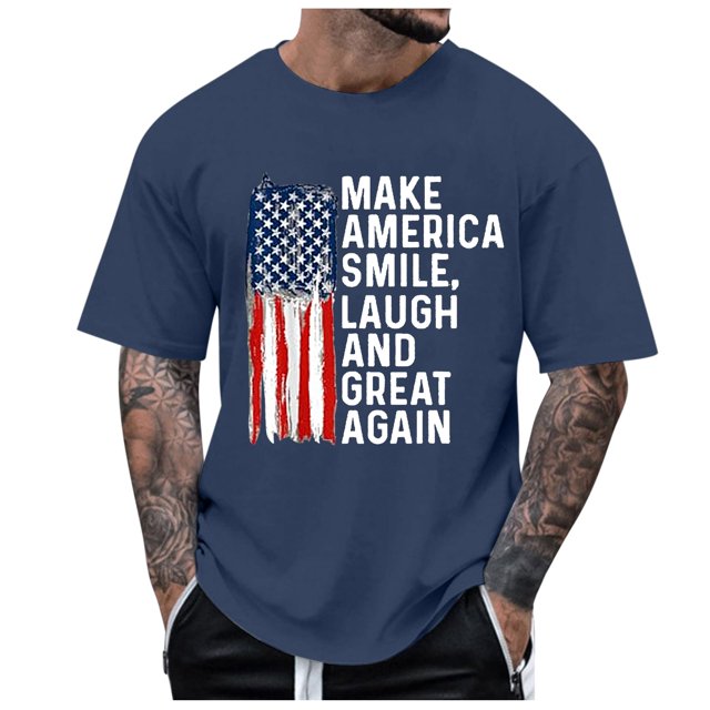 T-shirt Homme Grande Amérique Drapeau Lettre Imprimée Commerce Extérieur Col Rond Manches Courtes Chemises d'Été Homme Bleu Foncé m