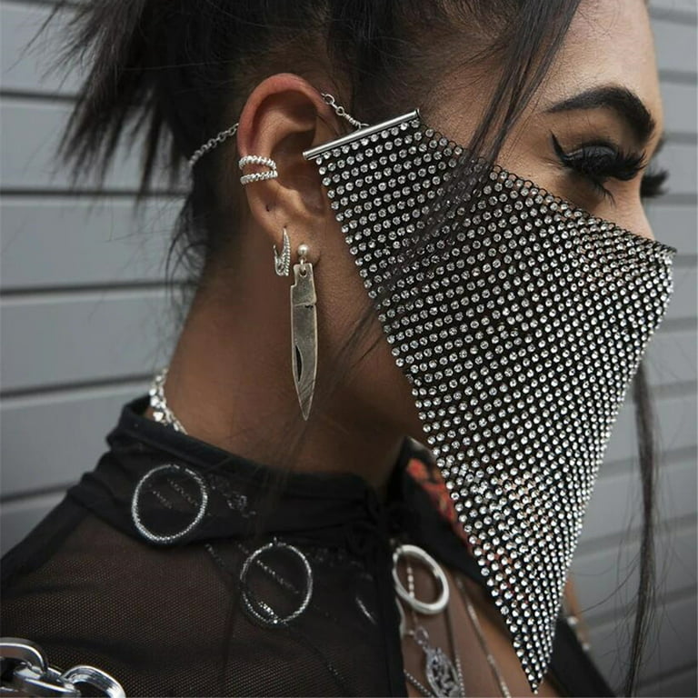 Sparkly Rhinestones Face Masks Black Chain Crystal Mesh Masks