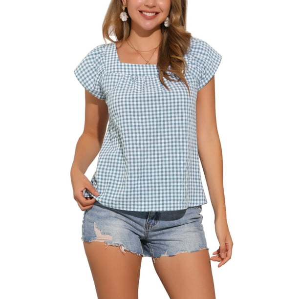 INSPIRAR CHIC Blusa de Mujer de Verano con Cuello Cuadrado y Mangas Cortas de Gingham XS Azul Lago