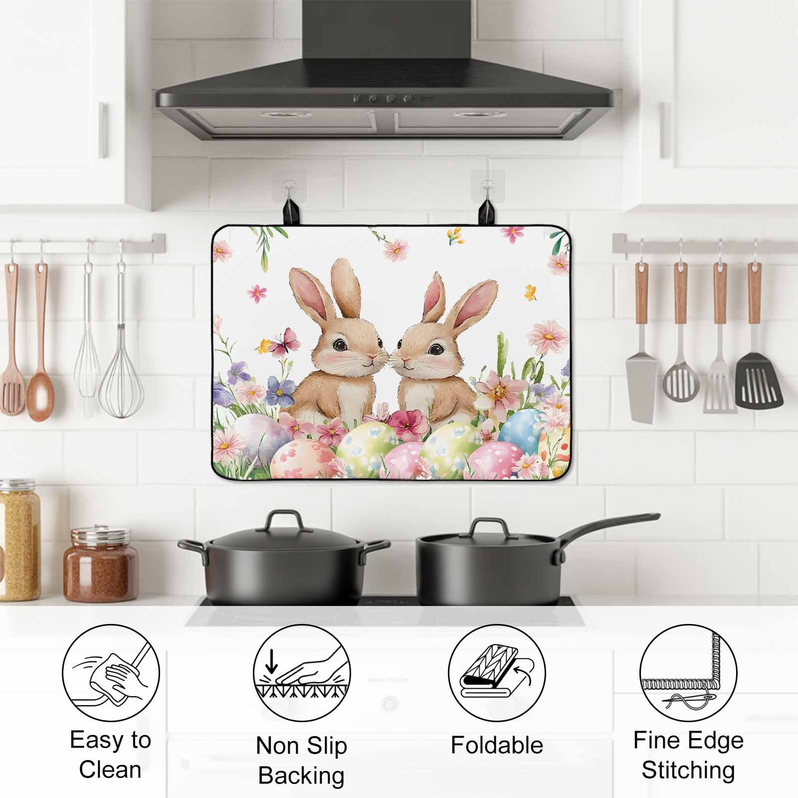 Spring Bunny Easter Stove Top Cover for Electric Stove, Heat-proof & Non Slip Glass Top Stove Cover Protector, Floral Botanical Colorful Eggs Kitchen Flat Cooktop Rubber Mat 24x21 Inches