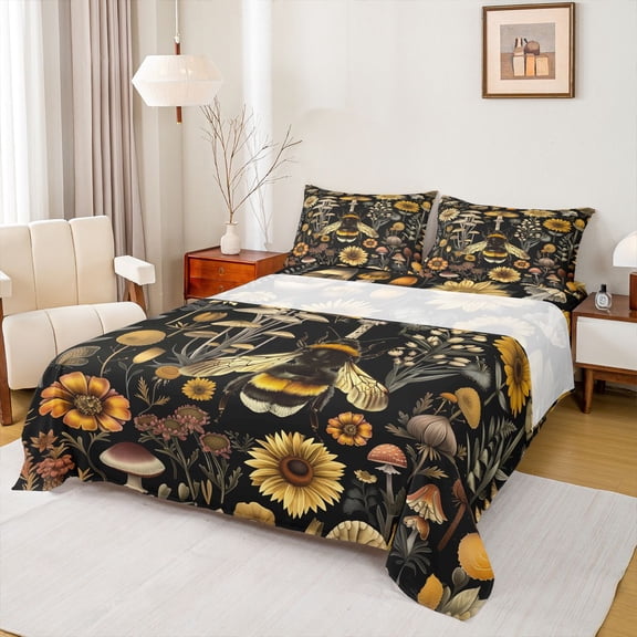Feelyou Rustic Bee Print Full Size Sheets for Kids, Vibrant Groovy Mushroom Bed Sheets, Cartoon Boho Animal Sheet Sets, Luxury Bedroom Decor, 4pcs