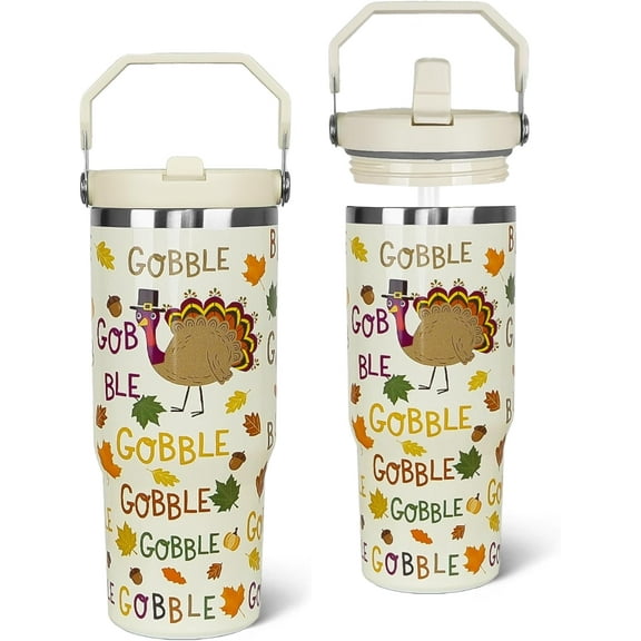 Insulated Stainless Steel Tumbler with Handle and Straw, 30 oz Travel Coffee Mug - Fall Maple Leaves & Turkey Thanksgiving Theme Cup for Gifts and Home Decor
