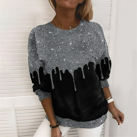 Outfmvch Glitter Top Mesh Long Sleeve Tops for Women Shirts for Women Pullover Jacket Sweatshirt Round Neck Shirt Waist Slimming 3/4 Length Sleeve Womens Tops Corset Tops for Women Silver L