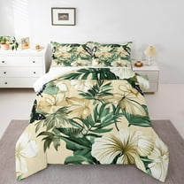 Manfei Rustic Flower Floral Queen Comforter Set,Green Monstera Leaf Bedding Sets,Tropical Plant Leaves Bedding Comforter Set For Girl Teens,Luxury Bedroom Decor,3pcs