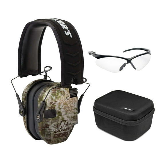 Walker's Razor Slim Electronic Ear Muff (Kryptek Camo) Bundle with Shooting Glasses and Hard Case (3 items)