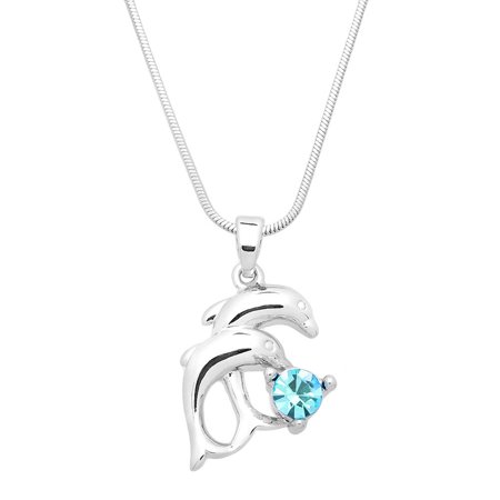 Double Dolphin Pendant Necklace Earring Rhinestone Crystal Rhodium Plated 17 Inch Snake Chain J0687-AQ