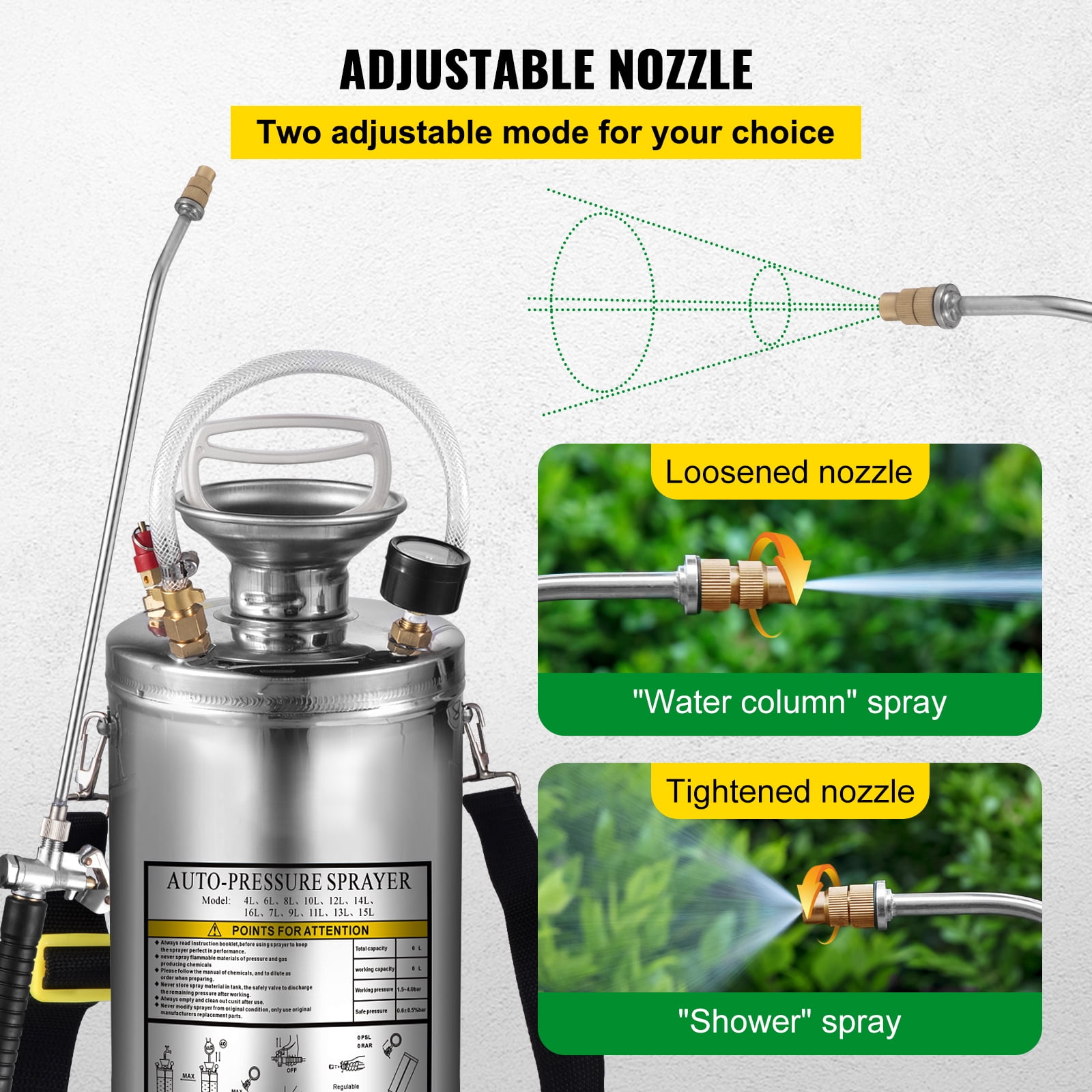 KFFKFF Stainless Steel Sprayer 1.5 Gallon Hand-Pump Sprayer with 3.3-inch Reinforced Hose Garden Sprayer for Home Gardening and Ground Cleaning