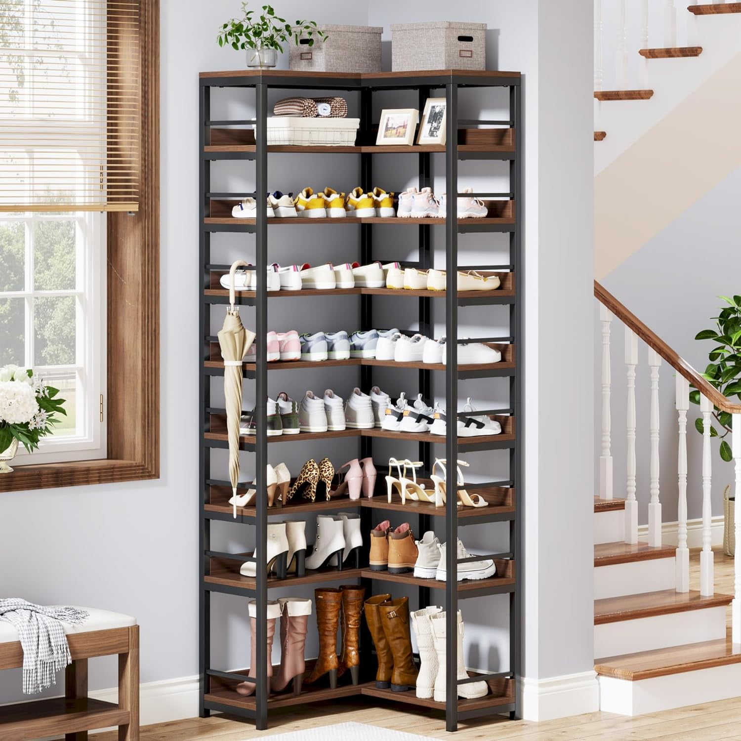 9 Tiers Corner Shoe Rack, Tall Shoe Rack Organizer, Large Shoe Storage Shelf for Entryway Hallway Closet, Rustic Brown
