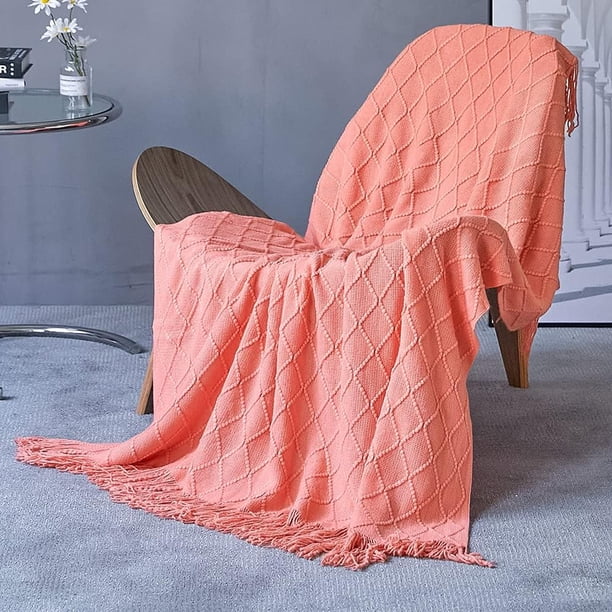 Xiao Hua Manta de punto ultrasuave para sofá, ligera, de viaje, con un delicado patrón de tejido para cama, sofá y sala de estar, color rojo coral.