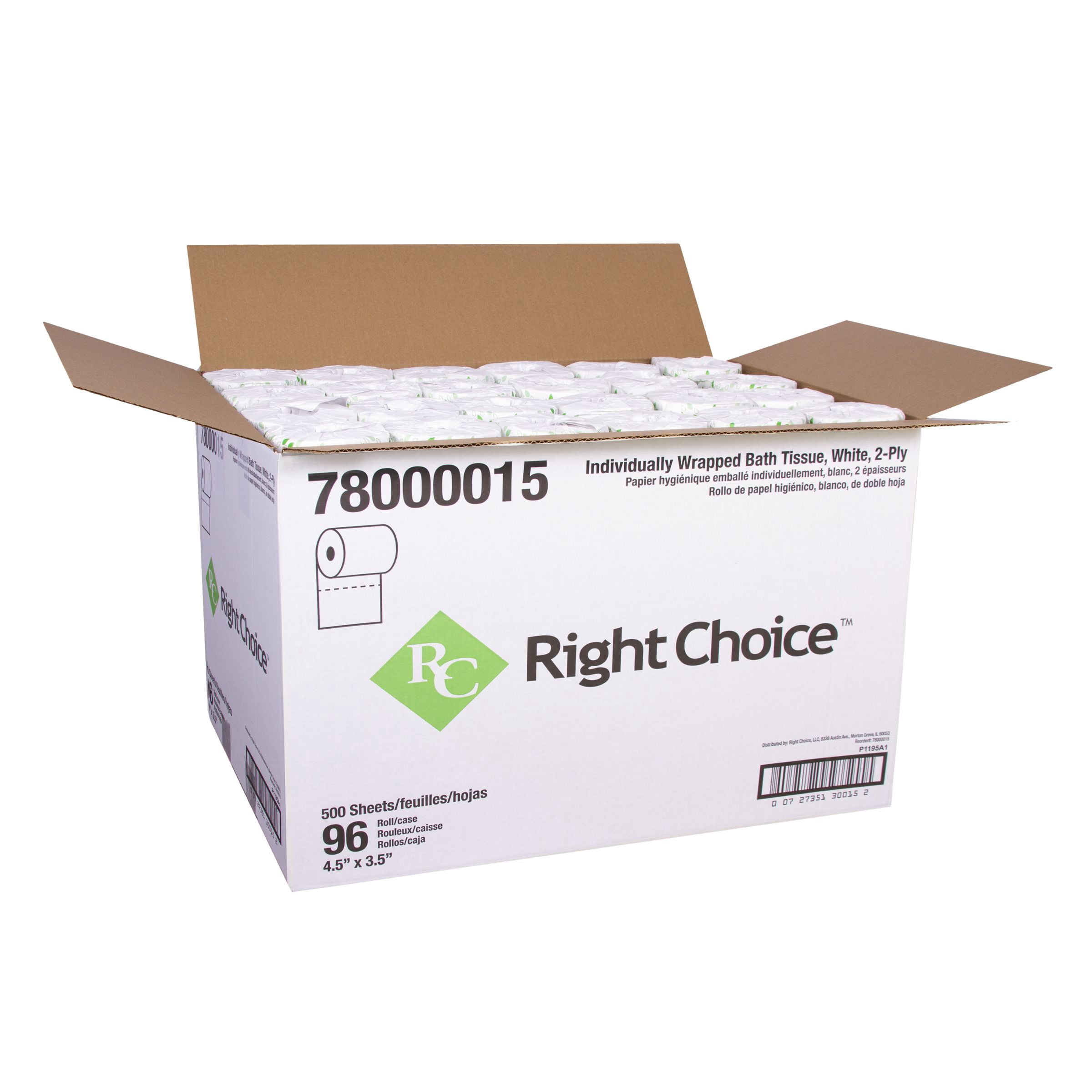 Right Choice White 2 Ply Paper Toilet Tissue, 4.5 x 3.5 inch, 500 sheets per roll -- 96 per case