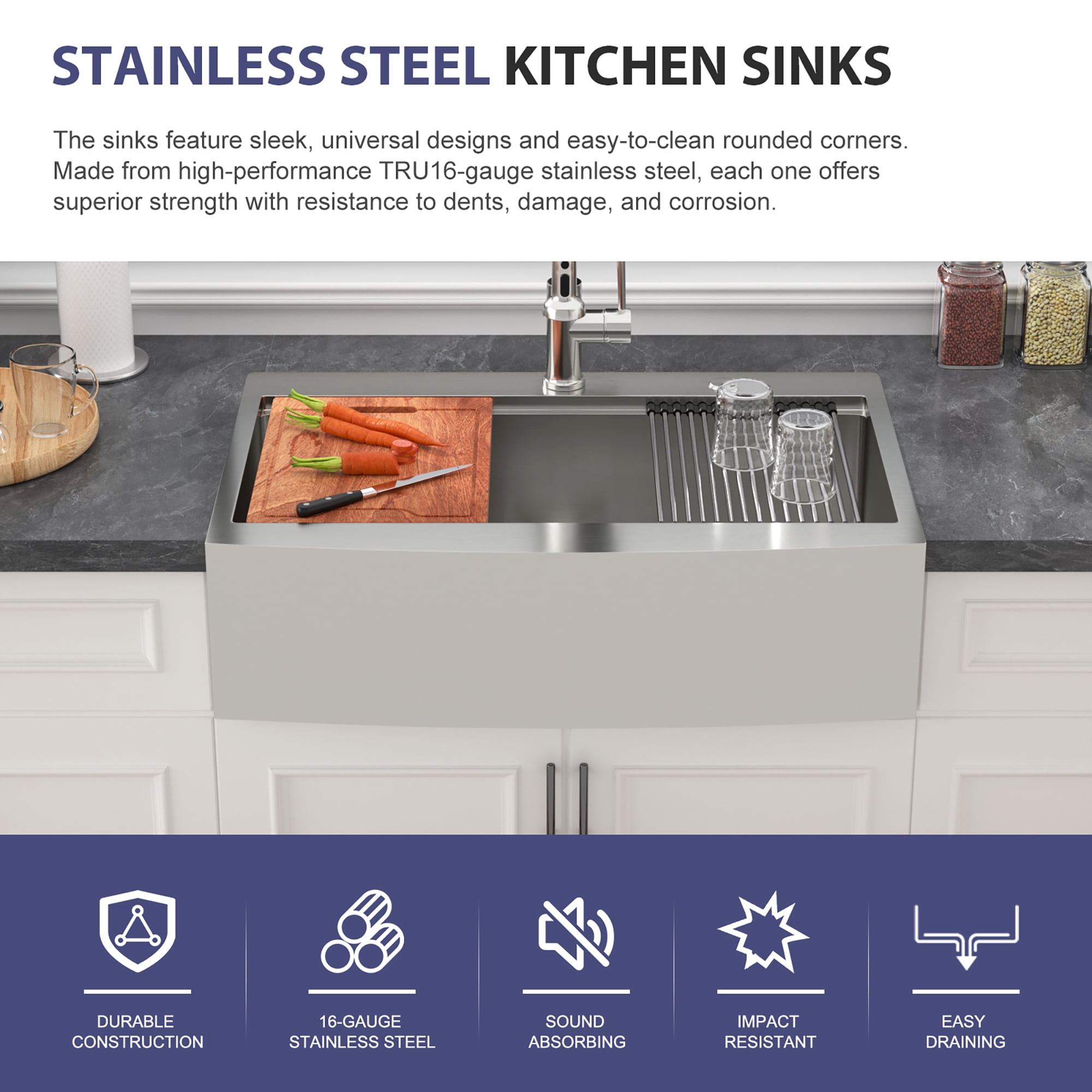 SUNRINX 33" Drop-in Workstation Farmhouse Kitchen Sink, 16 Gauge Stainless Steel, Brushed Nickel