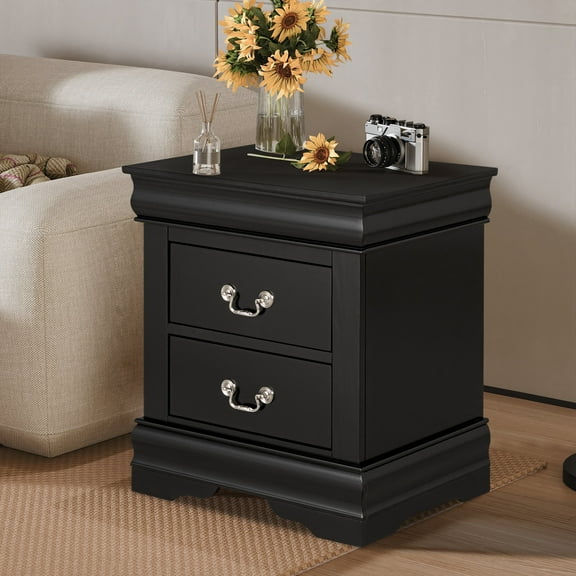 Modern Black Solid Wood Nightstand with 2 Drawers, Sleek Bedside Table for Bedroom or Living Room