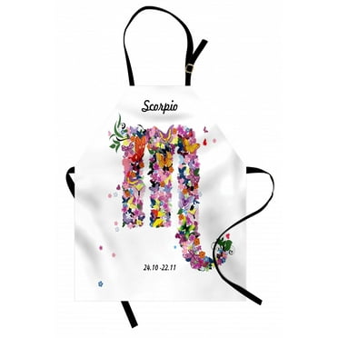 Zodiac Scorpio Apron Floral Spring Inspired Horoscope Sign Design with Butterflies Colorful Wings, Unisex Kitchen Bib Apron with Adjustable Neck for Cooking Baking Gardening, Multicolor, by Ambesonne