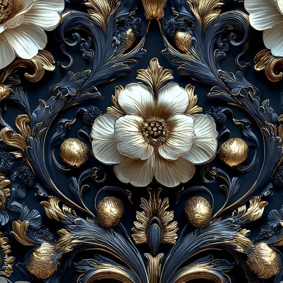Peel and Stick Wallpaper Ornate Floral Golden White Blossoms Dark Blue Wall Mural 23.6in x 9.8ft Self Adhesive Removable Wall Paper Renter Friendly Wallpaper for Nursery Bedroom Cabinets