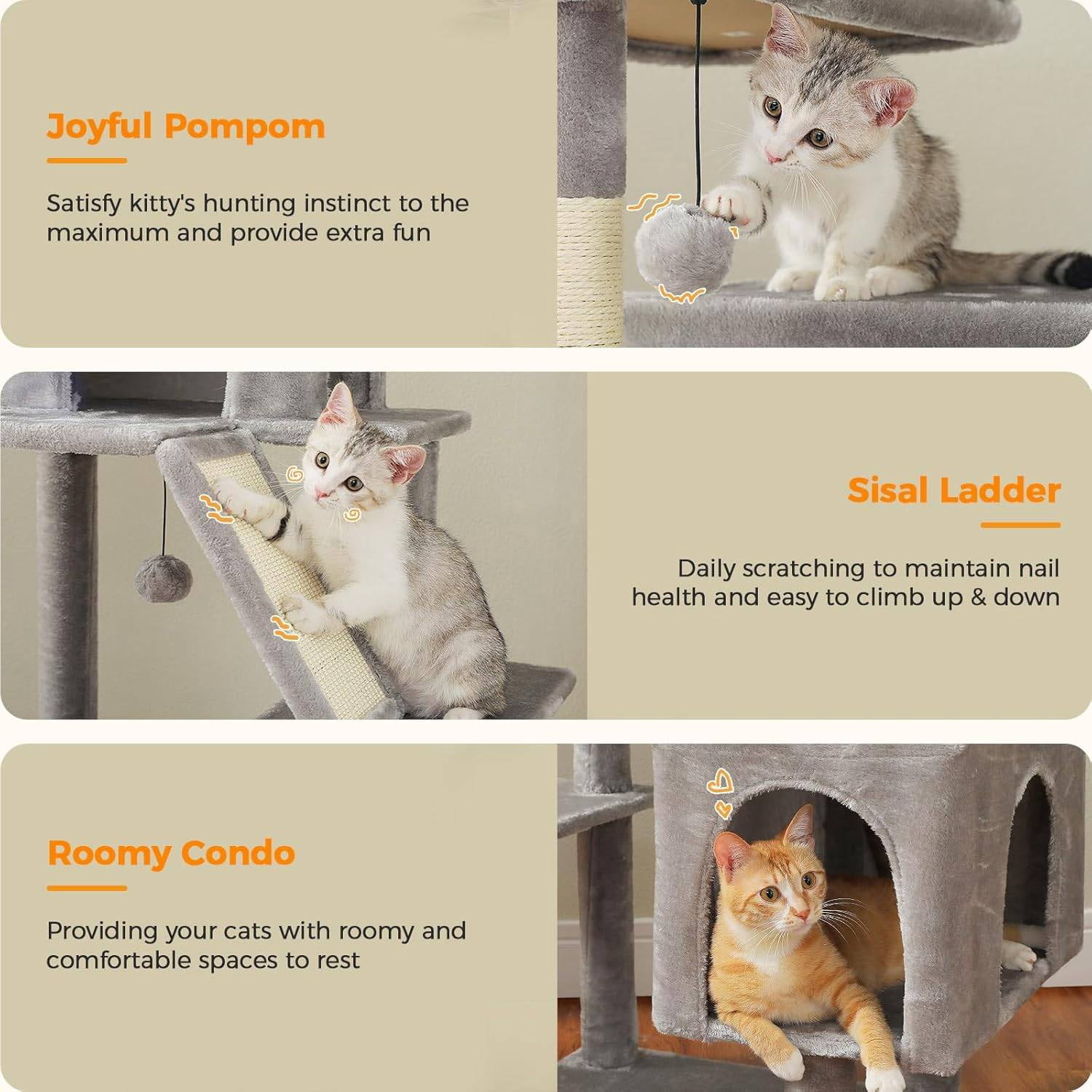PEQULTI 71'' Multi-Level Cat Tree Tower Large Cat Tree with Dual Spacious Condos Indoor Gray