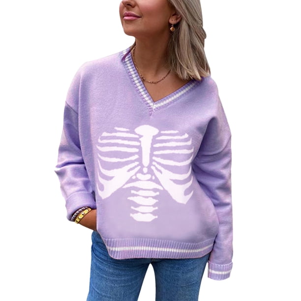 VISgogo Suéteres con cuello en V para mujer, blusas de punto holgadas con estampado de esqueleto clásico de manga larga VISgogo moda