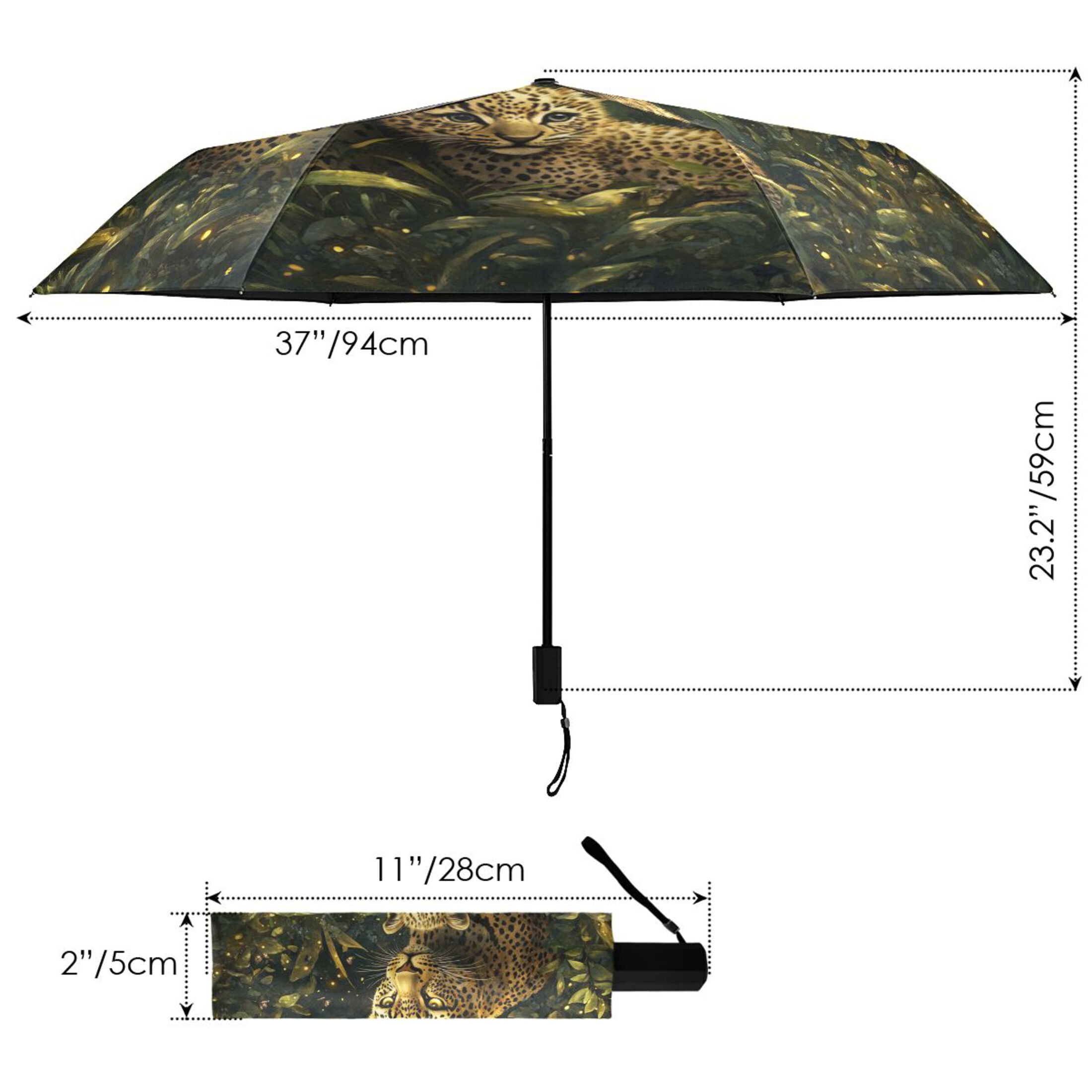 Leopards in Moonlight Jungle All Weather Umbrella Triple Folding Parasol 6 Ribs UV Protection Portable