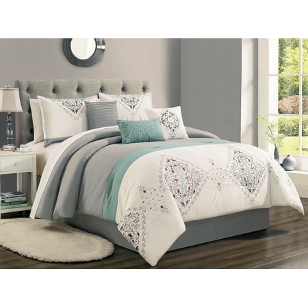7-Pc Wynne Floral Scroll Damask Embroidery Stripe ...