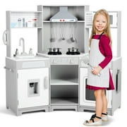 JOYLDIAS Kids Play Kitchen Corner Wooden Pretend Toddler Toys Playset Gift with Realistic Lights & Sounds, Microwave Oven, Water Dispenser, Phone, Sink, Cooking Accessories(Gray)