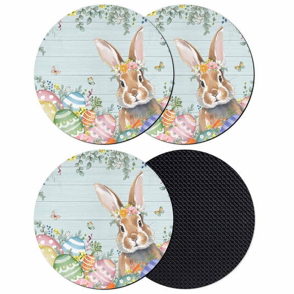 Easter Bunny Coasters Set of 4, Absorbent Coasters for Drinks, Colorful Easter Eggs Eucalyptus Teal Wooden Coaster for Desk Coffee Table Protection, Home Decor House Warming Gifts 4"