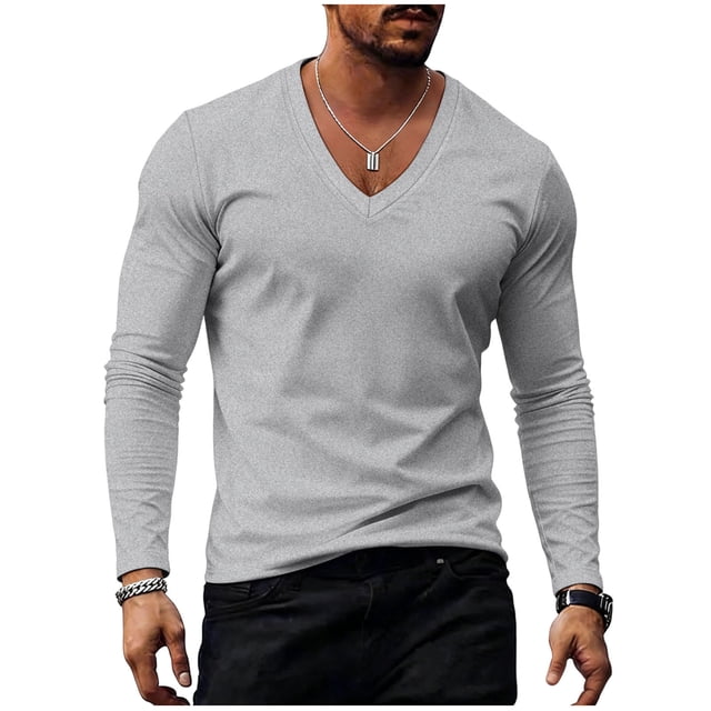 Mens Tops Manga Larga Suelta Cuello en V Casual Color Sólido Transpirable Manga Larga Camisa de Ejercicio, Manga Corta Superior