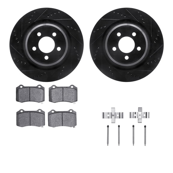 Dynamic Friction Company Rear Brake Rotors-Drilled and Slotted-Black with Ultimate Duty Performance Brake Pads includes Hardware 8412-39002