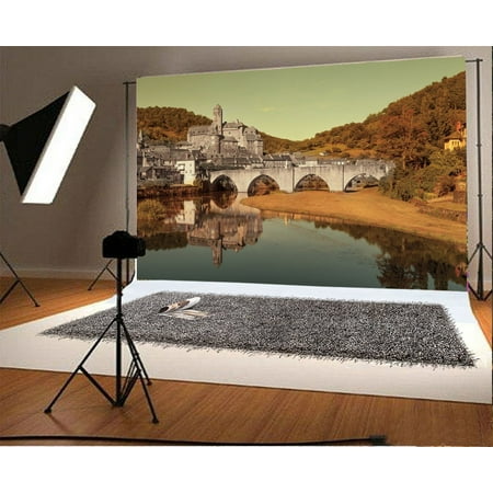 HelloDecor Polyster 7x5ft Castle Backdrop Typical Village France Bridge River Mountains Forest Trees Nature Travel Photography Background Kids Adults Photo Studio
