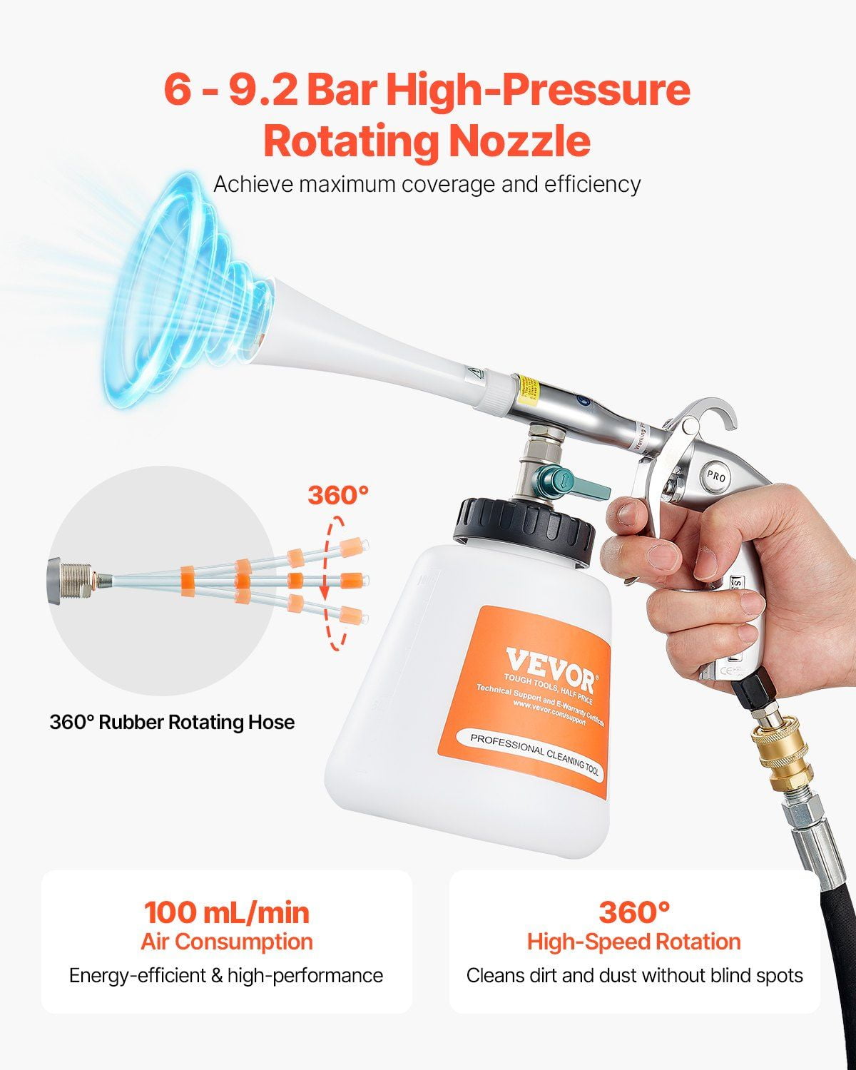 Car Cleaning Gun 6-9.2 Bar High Pressure Air Blow Gun with 2 Nozzles 1L Liquid Bottle Vortex Cleaning Gun Blasts Dirt Dust from Surface Works with 1/4 NPT Air Compressor
