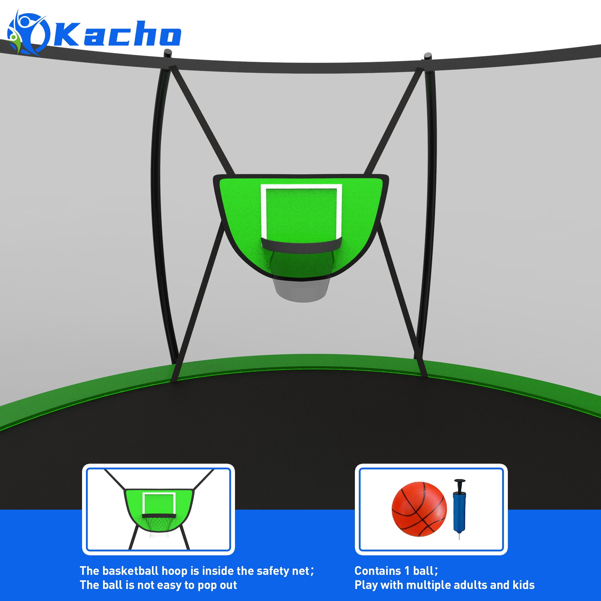 Kacho Trampoline 12FT, 1200LBS Trampoline for Adults Kids, No Gap Desgin Trampoline with Enclosure Net, Basketball Hoop, Ball, Ladder, Outdoor Backyard Trampoline, No Gap Design, Green