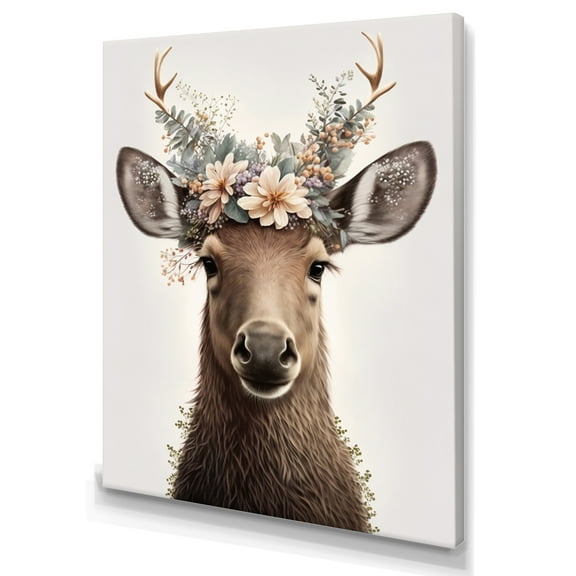 Designart Cute Baby Moose With Floral Crown Canvas Wall Art