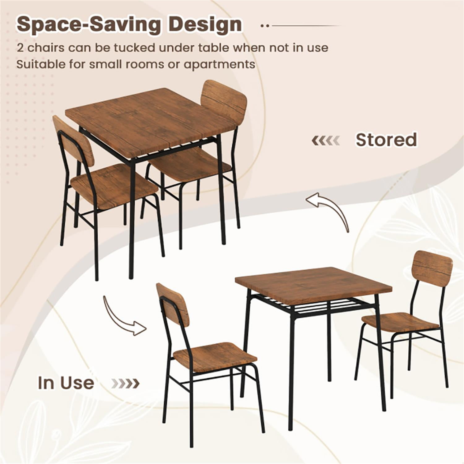 Demi Bonn 3-Piece Dining Table Set with 2 Chairs, 28" Wood Square Kitchen Table with Metal Frame, Perfect for Small Space, Brown