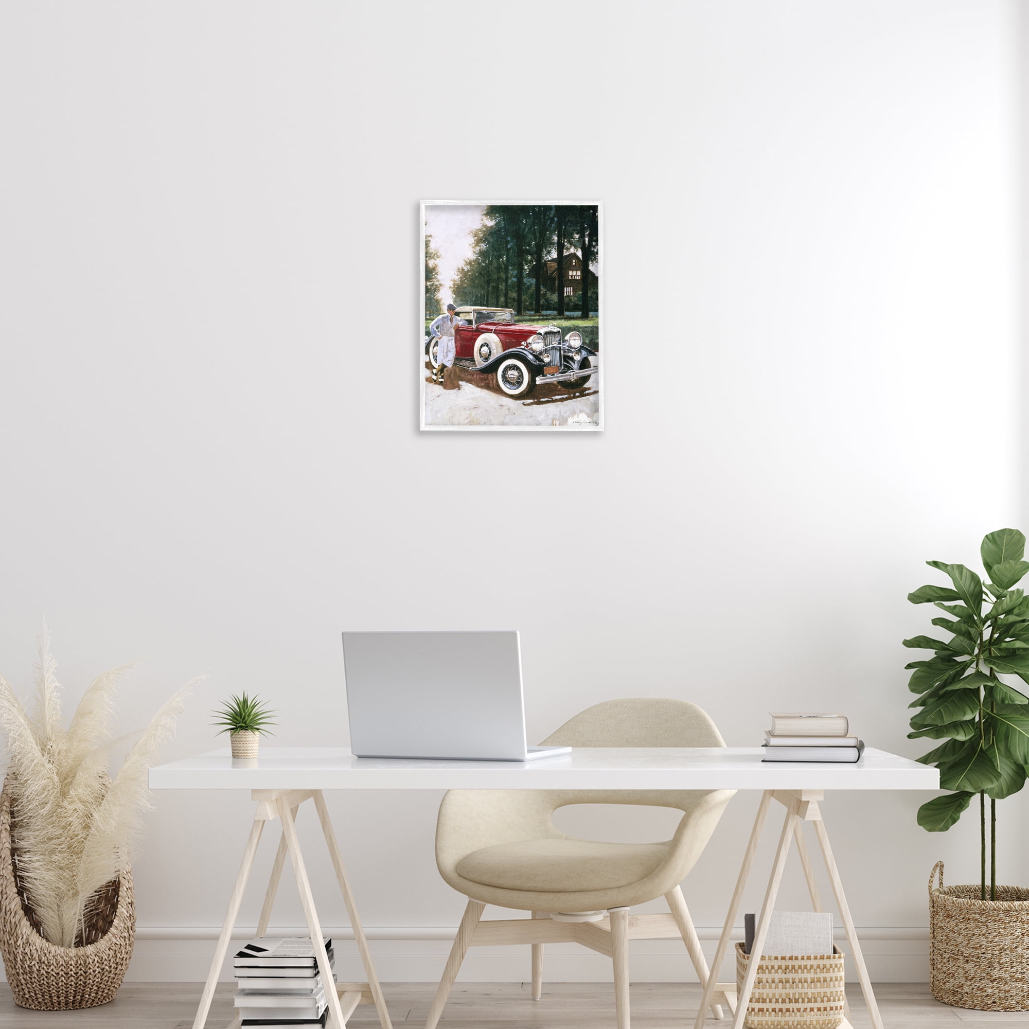 Retro Convertible Coupe & Driver White Framed Giclee Art, design by Wind River Studios
