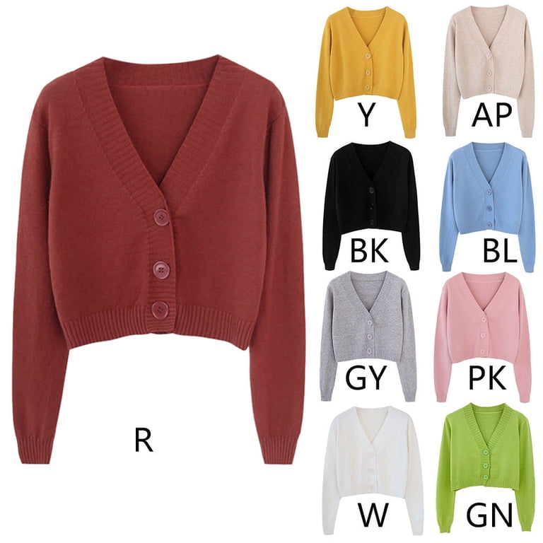Women Long Sleeve Candy Color Sweater Cardigan V-Neck Button
