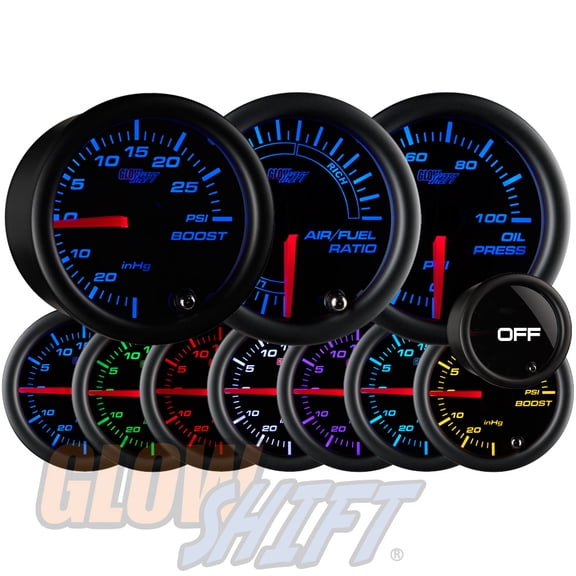 GlowShift | 2-1/16 (52mm) Tinted 7 Color Series 30 PSI Boost Vacuum Gauge, Oil Pressure Gauge & Narrowband Gauge Triple Set for Cars and Trucks