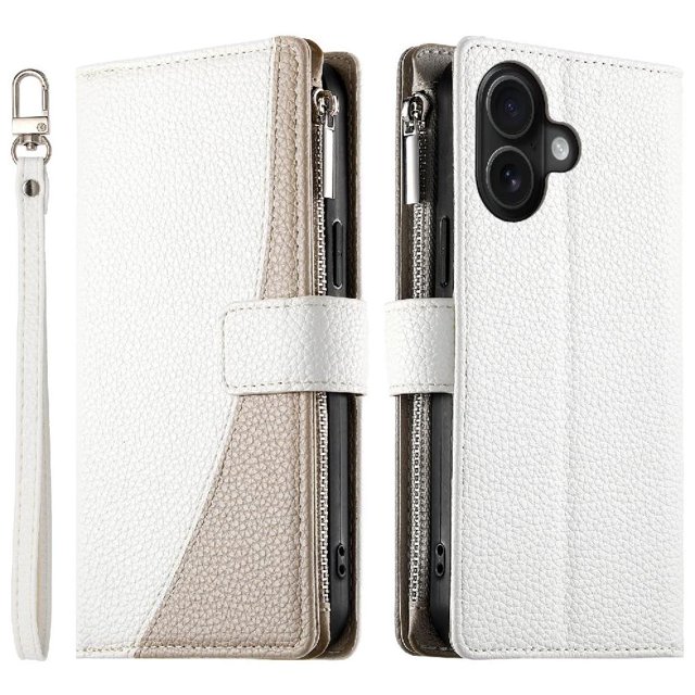 Funda cartera GANGXUN para iPhone 16 , cuero PU con tarjetero, cremallera, correa de mano, soporte y protección 933°