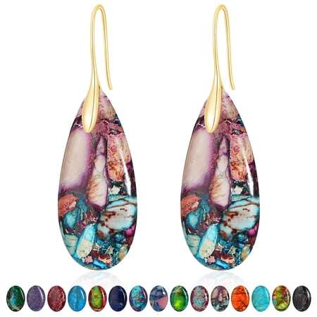 APSVO 18K Gold Plated Nature Healing Stone Drop Earrings for Women Hypoallergenic Fishhoop Colorful Blue Dangle Earrings Birthday Graduation Jewelry Gifts Teen Mom Girlfriend Wife Her