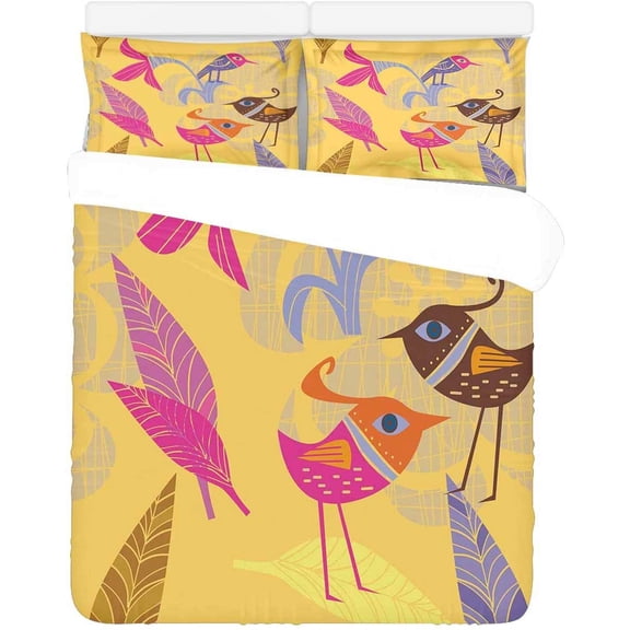 FMSHPON 3 Piece Bedding Set Cute Bird Leaves Yellow Twin Size Duvet Cover with 2 Pillowcase for Home Bedding Room Decoration