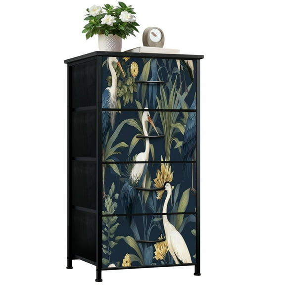 Vintage Dresser for Bedroom with 4 Storage Drawers Elegant Cranes Among Tropical Leaves Yellow Flowers Dark Dressers Chest of Drawers Steel Framed Fabric Closet Organizers for Nursery Entryway