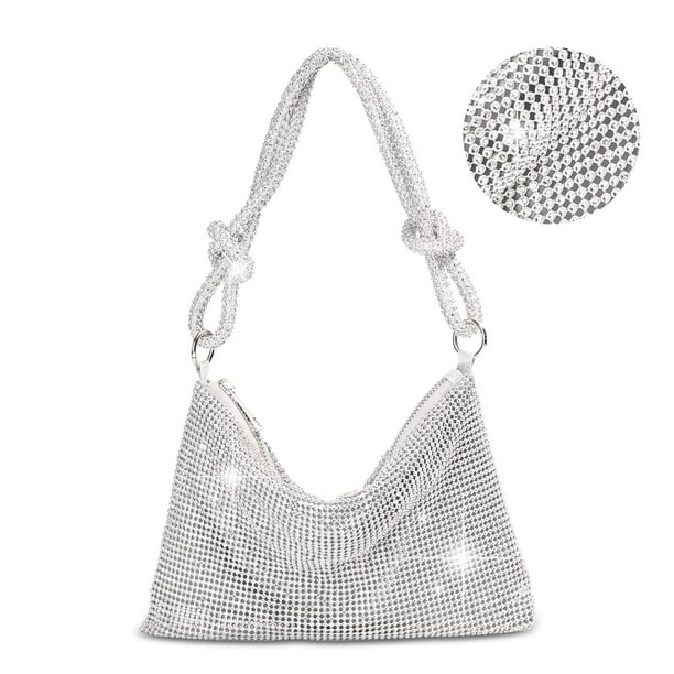 QLBO - cartera de plata con diamantes de imitación, bolso plateado brillante, 10.2 x 0.4 x 6.69 pulgadas (plateado), plateado