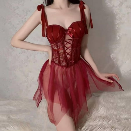 Women Lingerie Nightgown Lace Dress For Women Red Pajamas For Women Lace Chemise Sleepwear Sexy Pajamas For Women