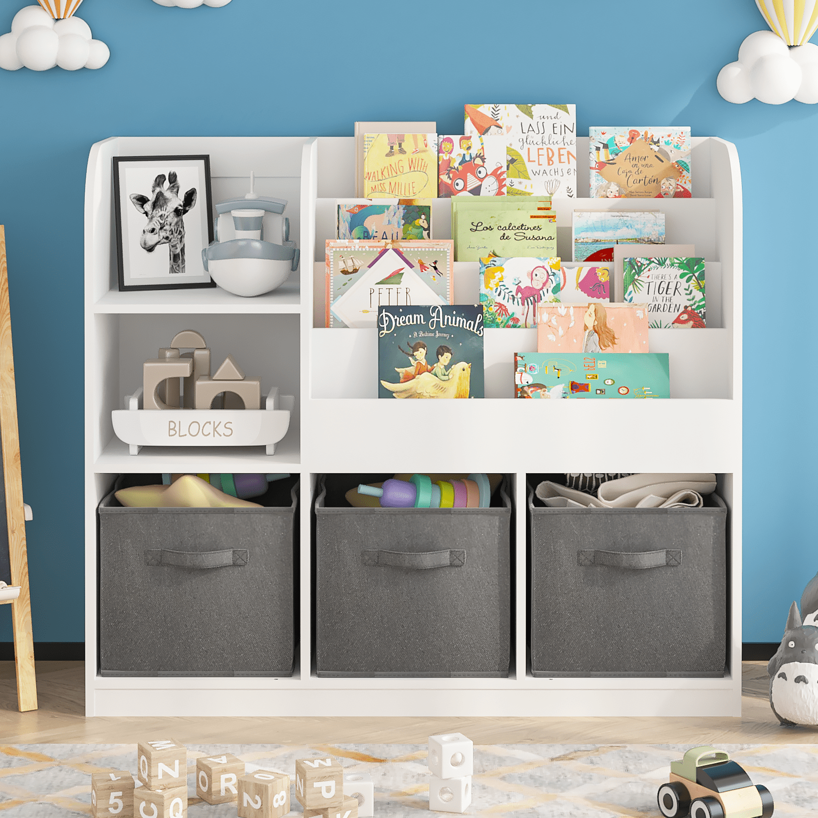 Aukfa Kids Bookcase with 3 Collapsible Drawers,Bookshelf Display Stand Toy Storage Organizer for Bedroom/Playroom,Gray