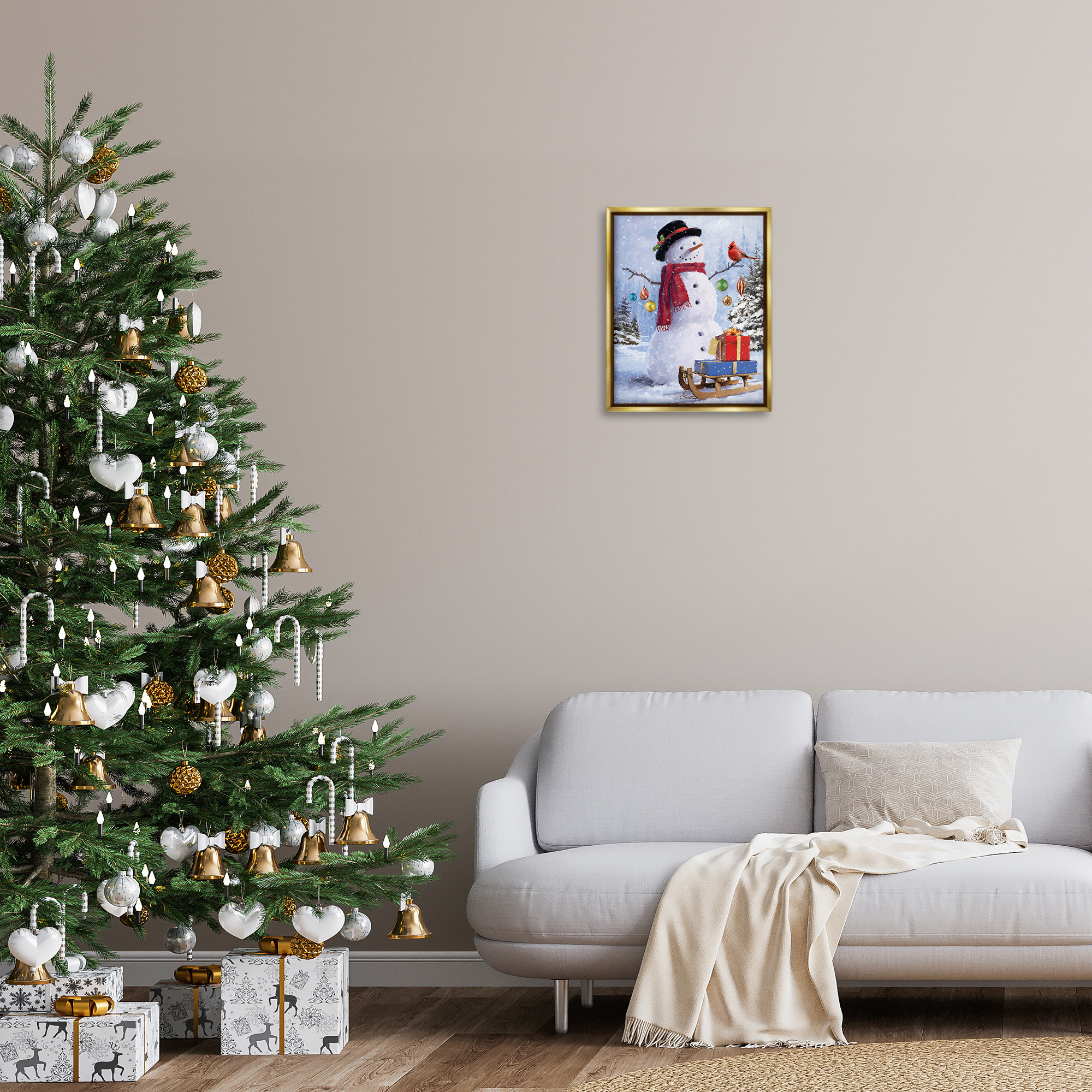 Stupell Industries Snowman with Gift Sled Landscape Painting Gold Floater Framed Canvas Art Print Wall Art, 17 x 21