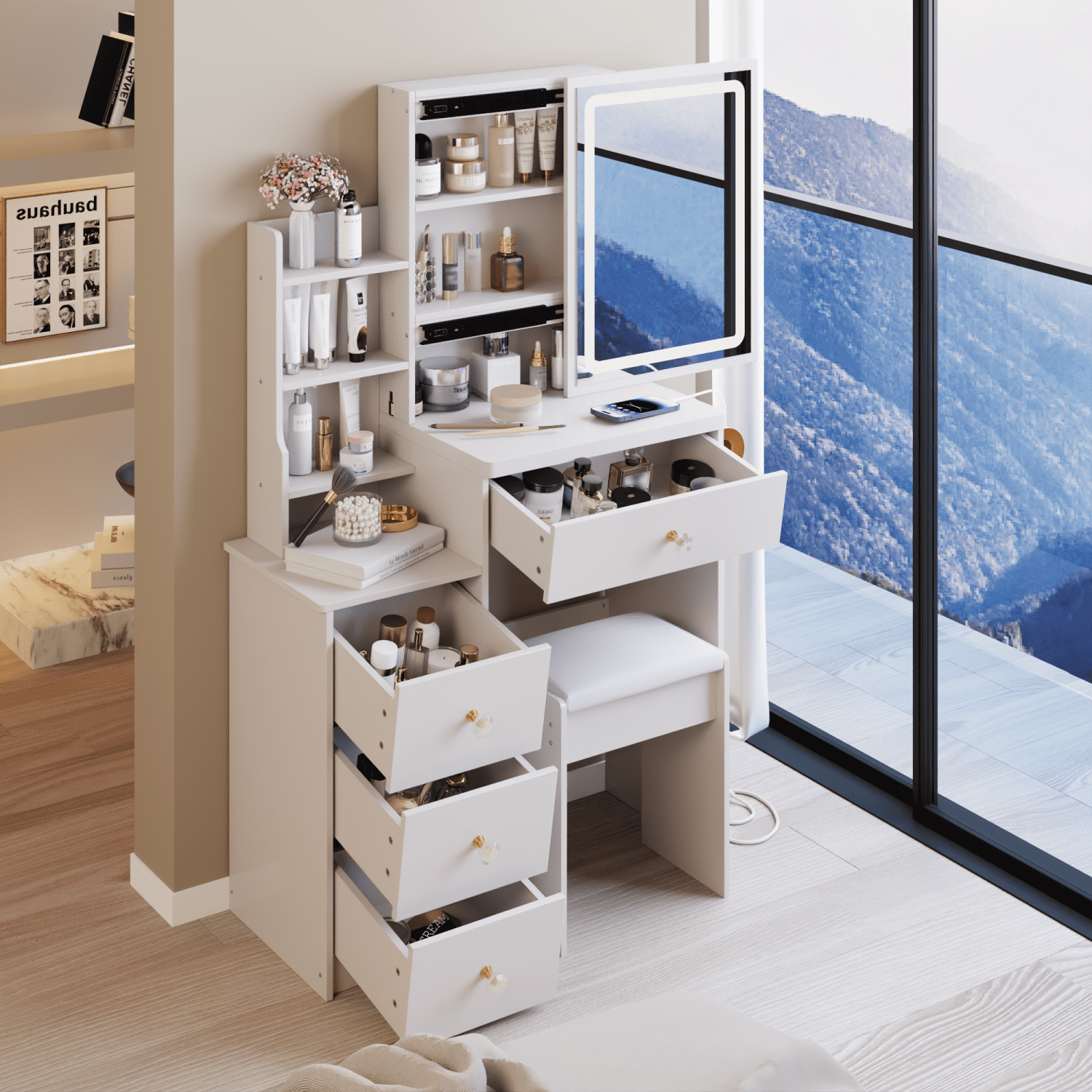 Space-Saving 29.2" Vanity Table with 2 AC+2 USB Ports, Triple Color LED Mirror, and Cushioned Stool – Ideal for Small Spaces & Morning Routines, White